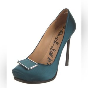LANVIN Teal Blue Satin Pumps Silver Metal Buckle, Sexy 5” Heel